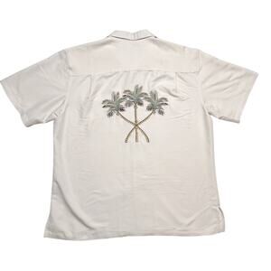 Weekender Casual Lifestyle Palm Tree Button Up Shirt Cream Embroidered Men's XL